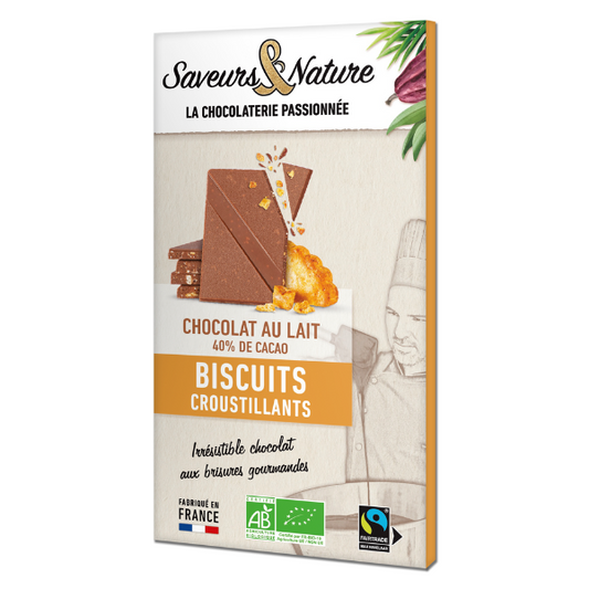 Saveurs & Nature -- DDM 29.05.2025 Tablette de chocolat au lait bio 40% de cacao aux éclats de biscuits - 80 g