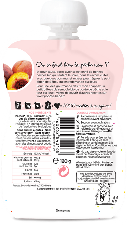 Popote -- Gourde compote pêche bio - 120 g